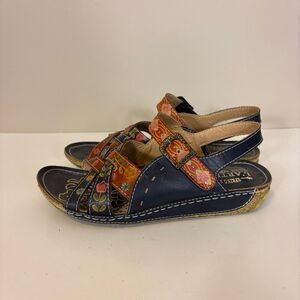 L’Atiste Blue with Orange Floral Print Strappy Open Toe Sandals Size 39 = 8.5